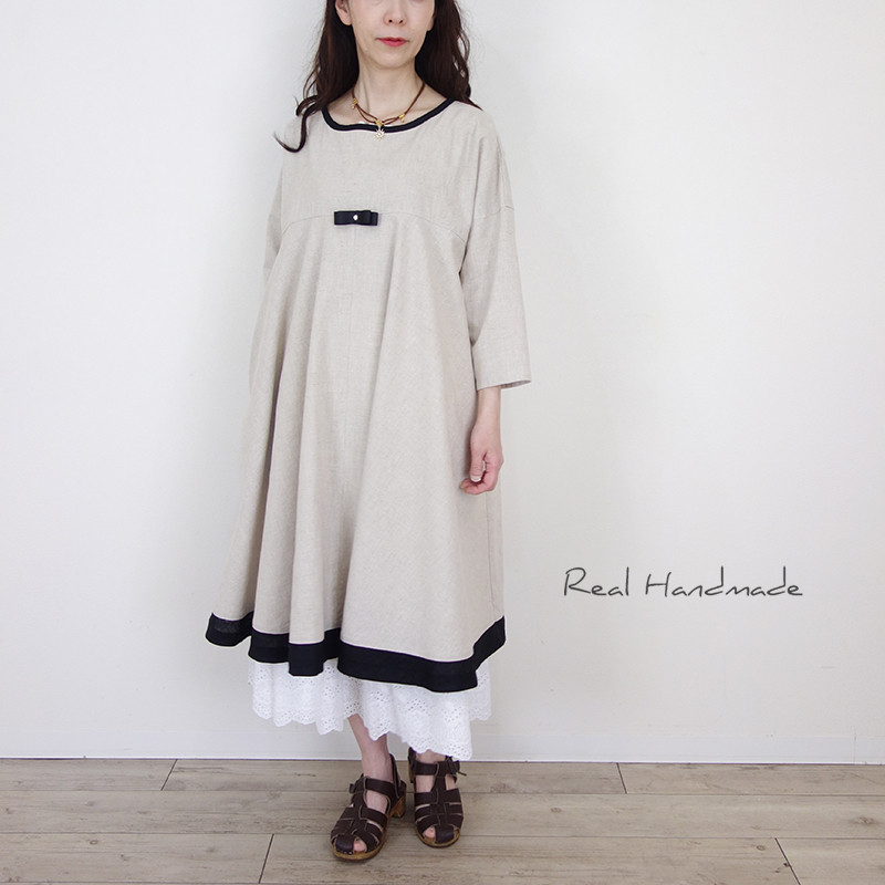 Cocoバイカラー・グログランリボンリネンワンピース（ピン付き）