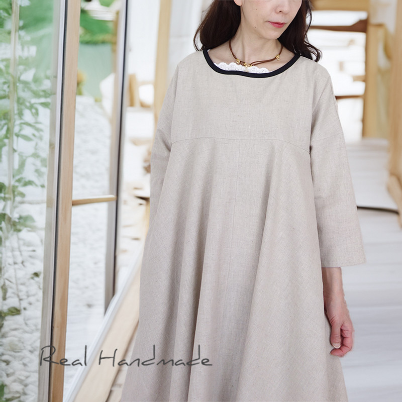 Cocoバイカラー・グログランリボンリネンワンピース（ピン付き）