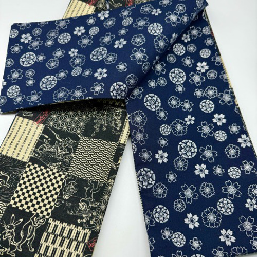 【目玉商品】4219木綿半幅帯　鳥獣戯画柄 濃紺×ベージュ リバーシブル 目玉商品】4219木綿半幅帯 鳥獣戯画柄 濃紺×ベージュ