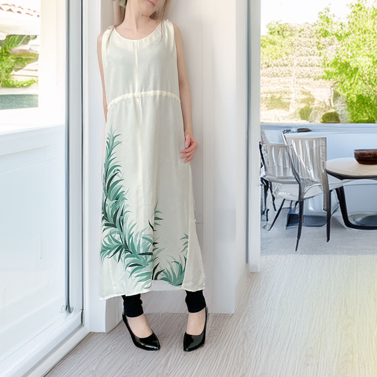 シアーワンピース【夏着物リメイク】白 * 緑 * 透け感 * ボタニカル / 重ね着 / 一点物