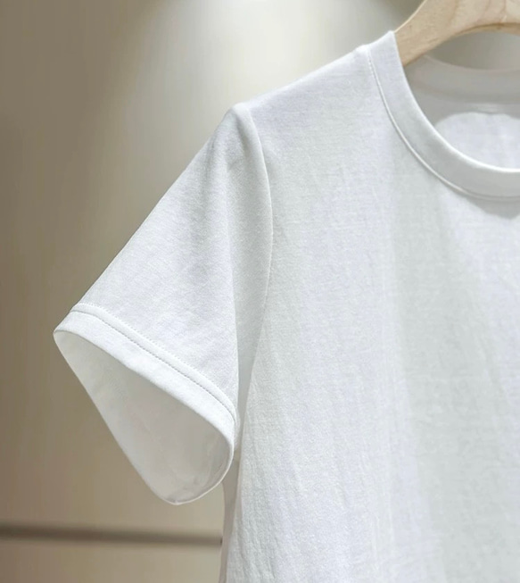 美しい裾透かし刺繡仕様　綿混カットソー・Tシャツ【秋春夏】白 3枚目の画像