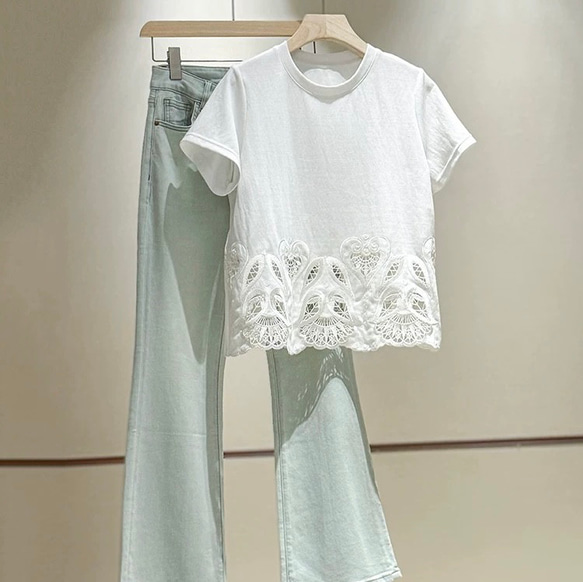 美しい裾透かし刺繡仕様　綿混カットソー・Tシャツ【秋春夏】白 7枚目の画像