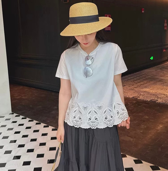 美しい裾透かし刺繡仕様　綿混カットソー・Tシャツ【秋春夏】白 8枚目の画像