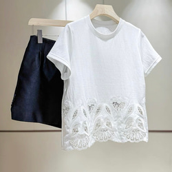 美しい裾透かし刺繡仕様　綿混カットソー・Tシャツ【秋春夏】白 6枚目の画像