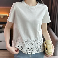 美しい裾透かし刺繡仕様　綿混カットソー・Tシャツ【秋春夏】白 9枚目の画像