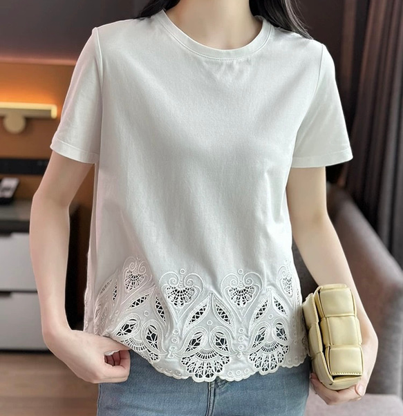 美しい裾透かし刺繡仕様　綿混カットソー・Tシャツ【秋春夏】白 9枚目の画像