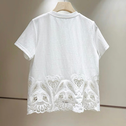 美しい裾透かし刺繡仕様　綿混カットソー・Tシャツ【秋春夏】白 2枚目の画像