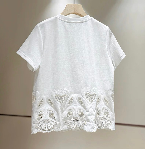 美しい裾透かし刺繡仕様　綿混カットソー・Tシャツ【秋春夏】白 2枚目の画像