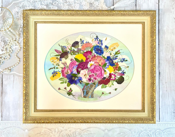 まるで絵画のような豪華な花瓶の押し花アート額 その他インテリア雑貨