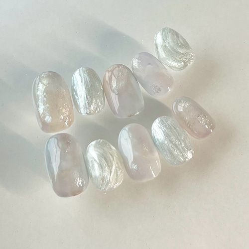 オーダー ネイルチップ うる艶アイスブルー 韓国風 量産型 結婚式 前撮り 大人向けの水色ネイルチップ アイスブルー くすみブルー うるうる