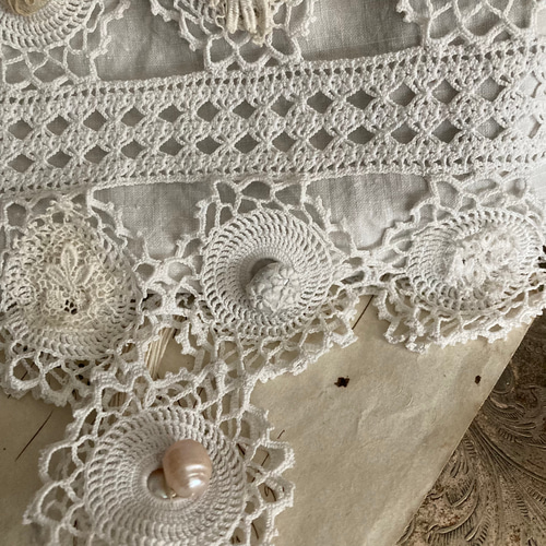 ビンテージ　レース編みポシェット Vintage drawstring crochet lace bag クロシェレース巾着バッグ