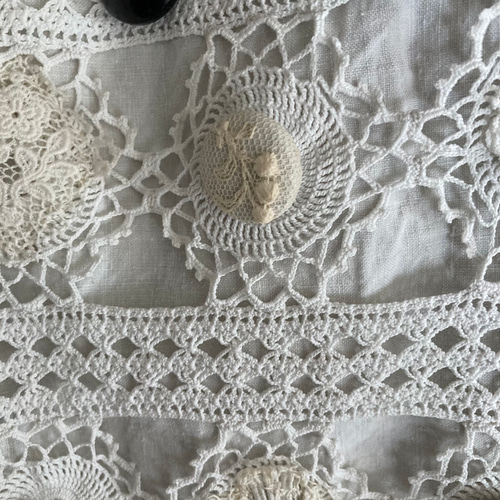 ビンテージ　レース編みポシェット Vintage drawstring crochet lace bag クロシェレース巾着バッグ