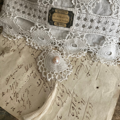 ビンテージ　レース編みポシェット Vintage drawstring crochet lace bag クロシェレース巾着バッグ