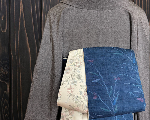 *着物反物*　染め結城紬と手織り結城紬　大人の兵児帯　半幅帯　長尺　ハンドメイド 着物反物* 結城紬変わり市松柄と椿柄 大人の兵児帯 半幅帯 長尺