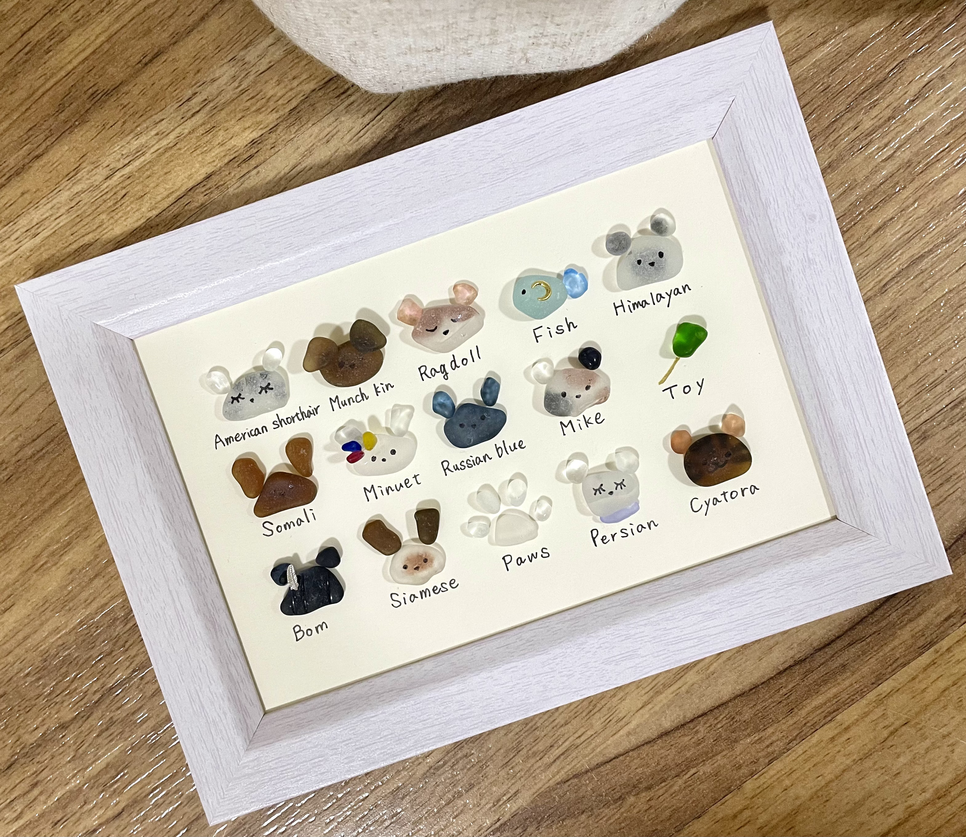 金魚鉢と猫♡シーグラスアート♡ヒーリングアート♡レアシーグラス ☆シーグラスアート☆ No.143☆図鑑 猫 5×3 雑貨 置物 ヒーリング