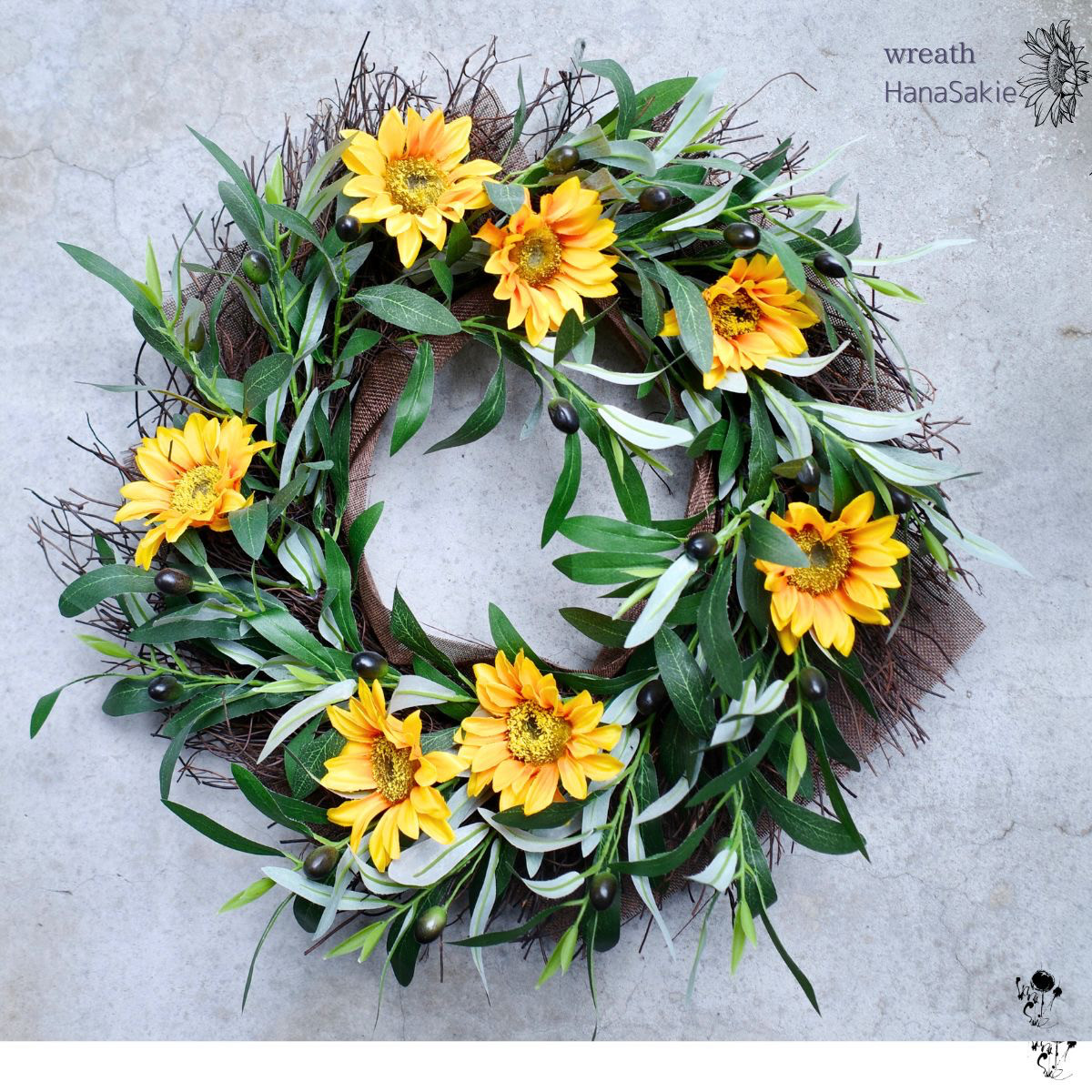 ひまわり＆オリーブのリース 造花 リース送料無料 インテリア 夏 向日葵 ヒマワリ ギフト プレゼント CT触媒 父の日
