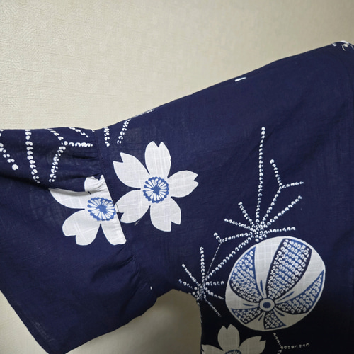 浴衣リメイクネイビー花柄フレアスリーブワンピース 浴衣リメイクネイビー花柄フレアスリーブワンピース ワンピース