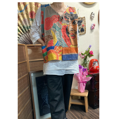 のぼり旗の柿渋染め前開きベスト 古布リメイク ベスト 着物