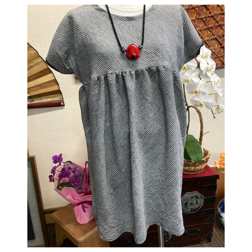 兵児帯(総絞り)(灰色）のチュニック 着物リメイク Tシャツ 着物