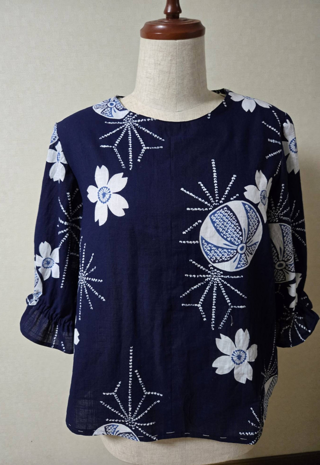 浴衣リメイクネイビー 花柄 パフスリーブ ブラウス