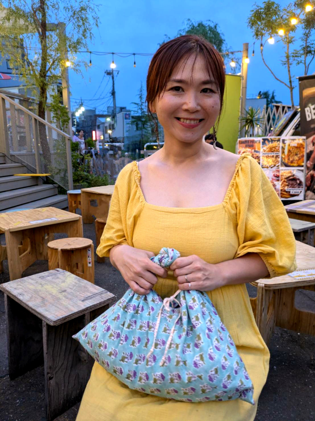 バーシブルあずま袋  ペパーミントグリーンにむらさきの花・ ブロックプリント・コットン100%