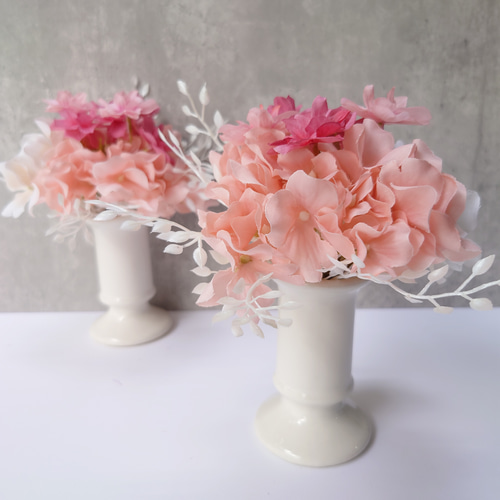 アーティシャルフラワー6本 光触媒 造花 アジアン フラワースタンド付き 花提灯 紫陽花の仏花《単品・陶器付き》さくら色グラデーション