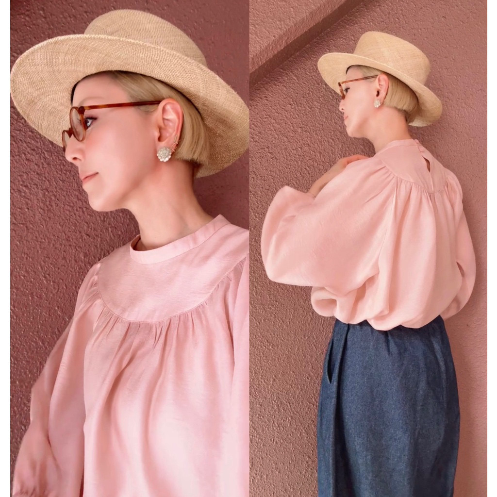 ふんわり軽いほんのり透け感❤️絶妙くすみピンク❤️ギャザートップス❤️超軽量&防しわ❤️普段着＆式にも❤️オールシーズン