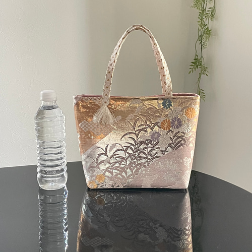 帯リメイクバッグ 本金箔二重織 秋草に花唐草文様 Mサイズ