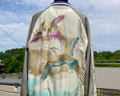 着物リメイクスカジャン 鳳凰 絞り柄 横振刺繍 リバーシブル