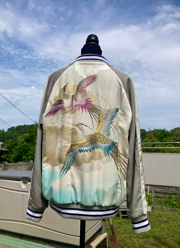 着物リメイクスカジャン 鳳凰 絞り柄 横振刺繍 リバーシブル