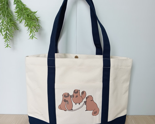 たぬきトートバッグL 縄跳びするタヌキ 8号帆布生成×11号帆布