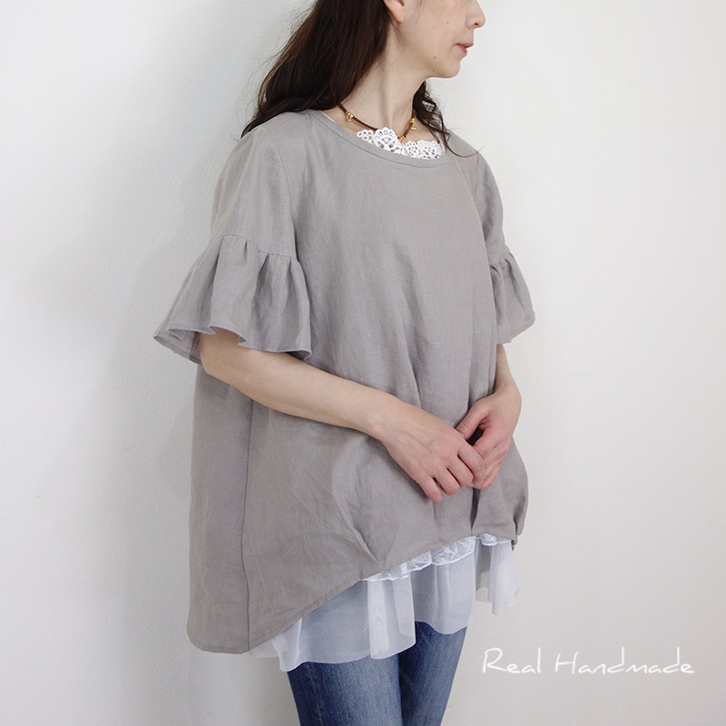 [予約販売] ヨーロッパグレージュリネン・フリルスリーブプルオーバー（セットアップ可）