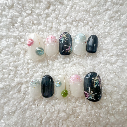 オーダーネイルチップNo.65 夏 花火 浴衣ネイル 夏 浴衣 ネイルチップ 祭り 夜空 花火 ネイビー サマー アート