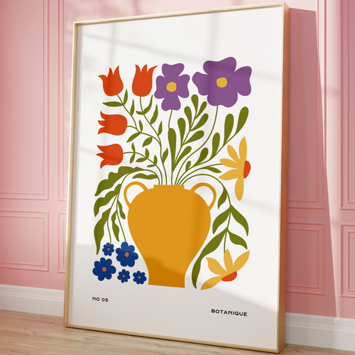 アートポスター 北欧風 カラフル花瓶イラスト 黄色紫赤花 ボタニカル