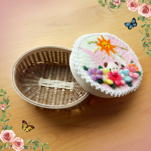 羊毛フェルト×紙バンドの蓋つきカゴ ぼの子とお花畑 フリーボックス