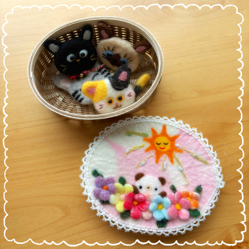 羊毛フェルト×紙バンドの蓋つきカゴ ぼの子とお花畑 フリーボックス