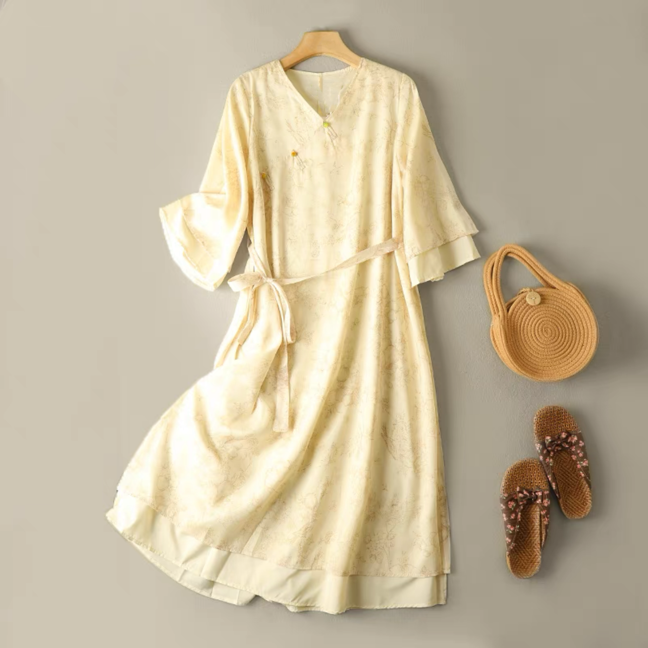 夏のワンピース、綿麻ワンピース、綿麻ロング丈スカート、コットンリネンワンピース