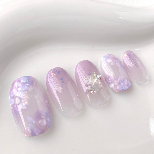 紫陽花ネイル/オーロラフレーク/水滴ネイル/くすみラベンダー/成人式