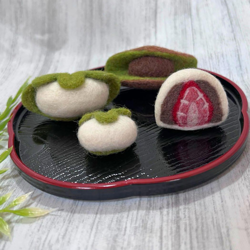 羊毛フェルト 和菓子4点セット 抹茶どら焼き・いちご大福・柏餅