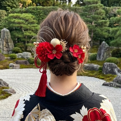 深紅マムの髪飾り 結婚式 成人式 胡蝶蘭 和装 振袖 卒業式 赤 白無垢
