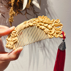 高級黒檀木 くし 木製櫛 両面彫刻 龍と鳳凰【桃太郎】お守り 静電気