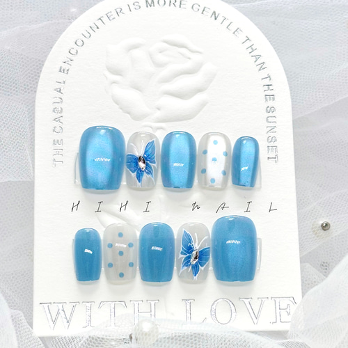 マグネットネイル 水色 青 蝶々 ネイルチップ つけ爪 春 夏 秋 冬 結婚