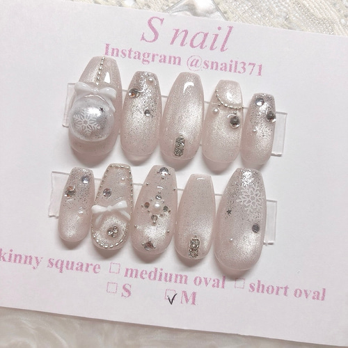 ネイルチップ マグネットネイル 水光ネイル クリスマス リボン 冬 雪