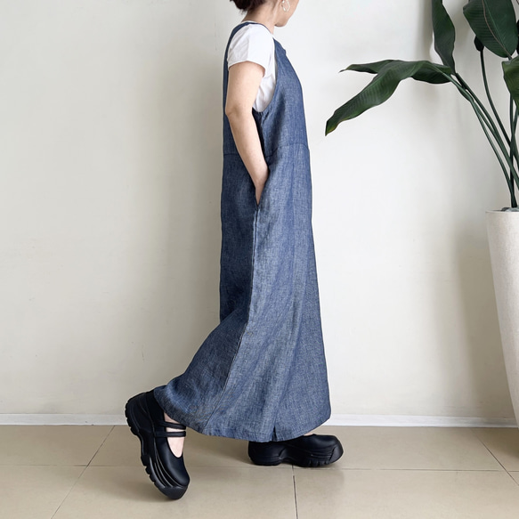 ゆったりサロペットパンツ　* デニムリネン混紡素材 * 5枚目の画像