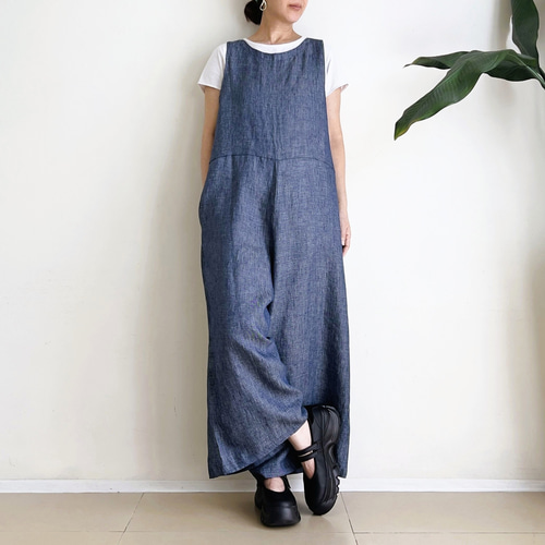 リネンデニムサロペット ゆったりサロペットパンツ * デニムリネン混紡素材