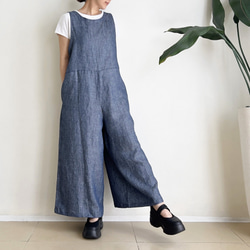 ゆったりサロペットパンツ　* デニムリネン混紡素材 * 3枚目の画像