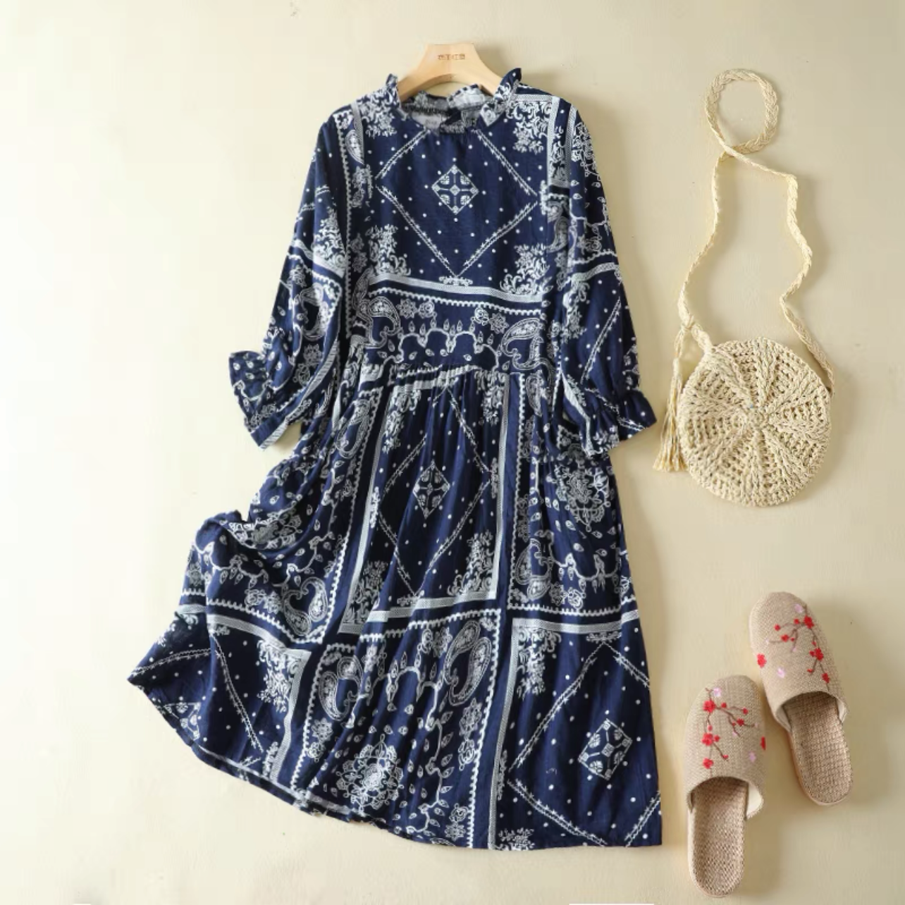 夏のワンピース、綿麻ワンピース、綿麻ロング丈スカート、コットンリネンワンピース