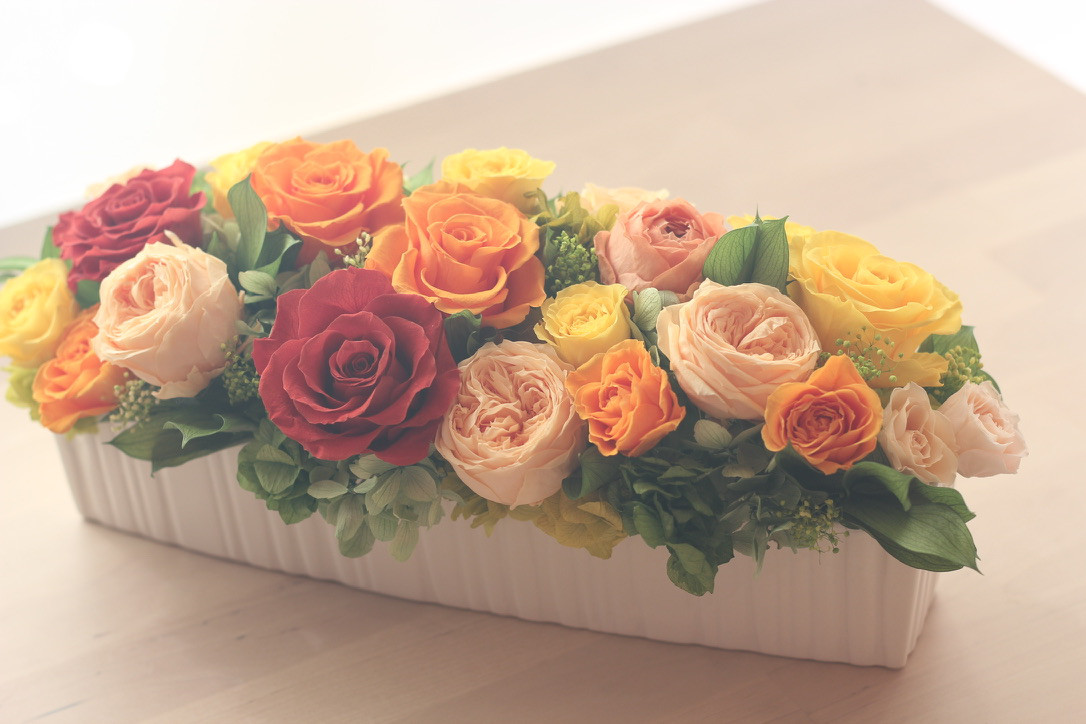 低めの器のプリザーブドフラワー黄色オレンジ系（開業お祝い、開店お祝い、記念品） 16,500円