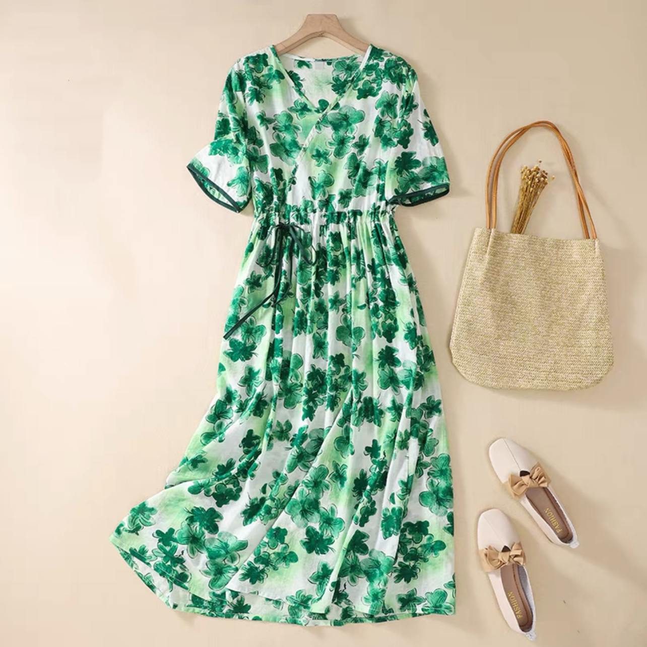 夏のワンピース、綿麻ワンピース、綿麻ロング丈スカート、コットンリネンワンピース