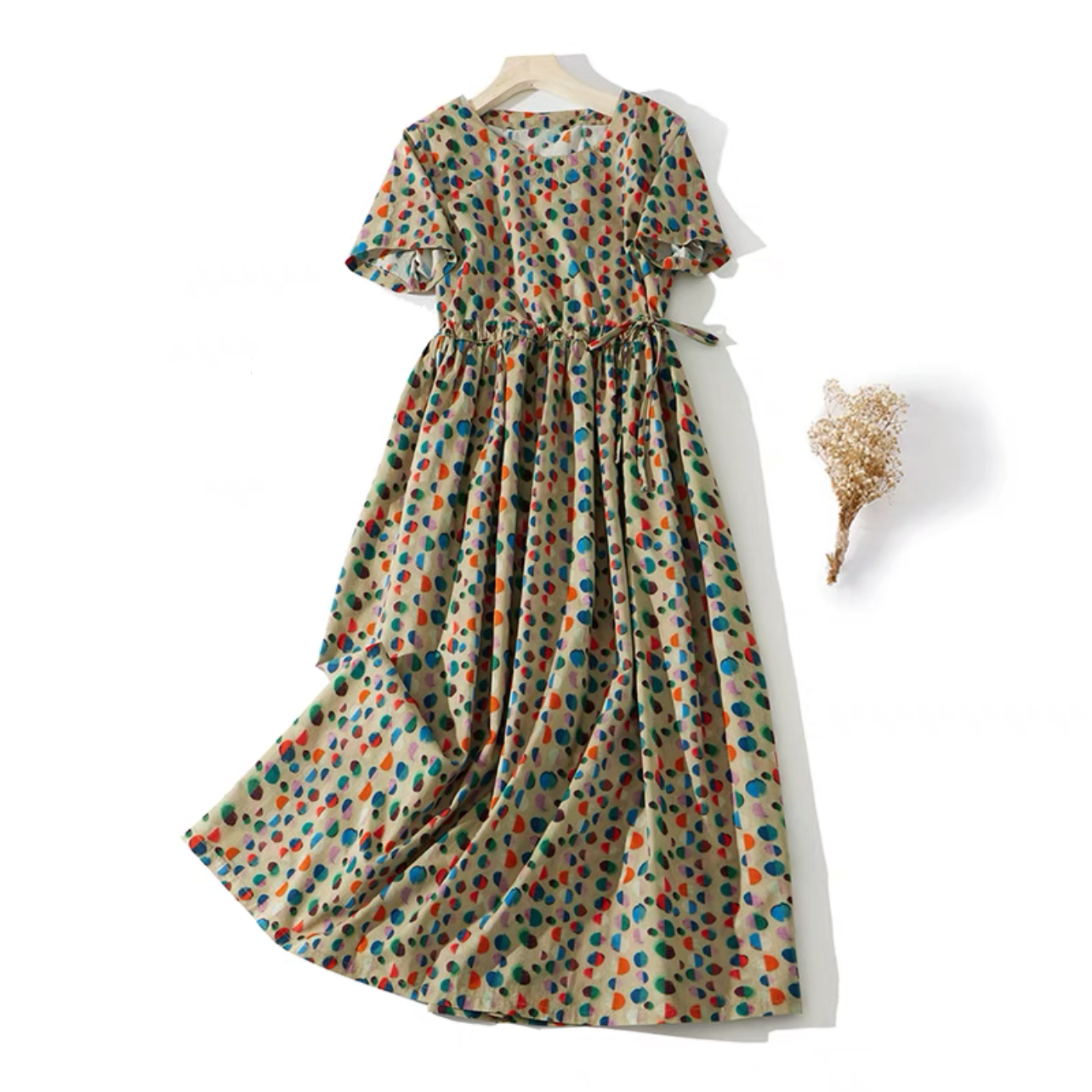 夏のワンピース、綿麻ワンピース、綿麻ロング丈スカート、コットンリネンワンピース 4,439円